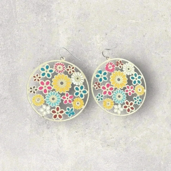 2” EARRINGS ROUND GOLD TIN W/ Multicolored FLORAL PRINT DROP - Picture 1 of 4